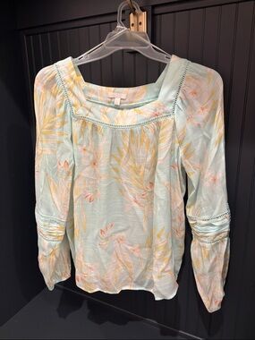 LOFT Mint Green Floral Square-Neck Long Sleeve Blouse